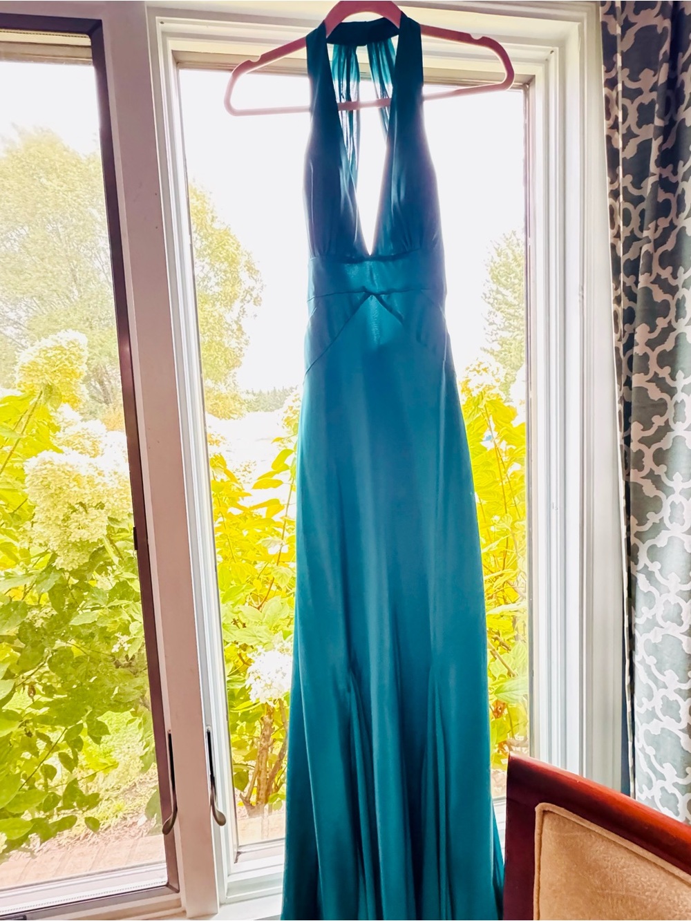 Morgan & Co. Teal Satin Maxi Evening Dress Size 3/4 Juniors or Size 2 Womens